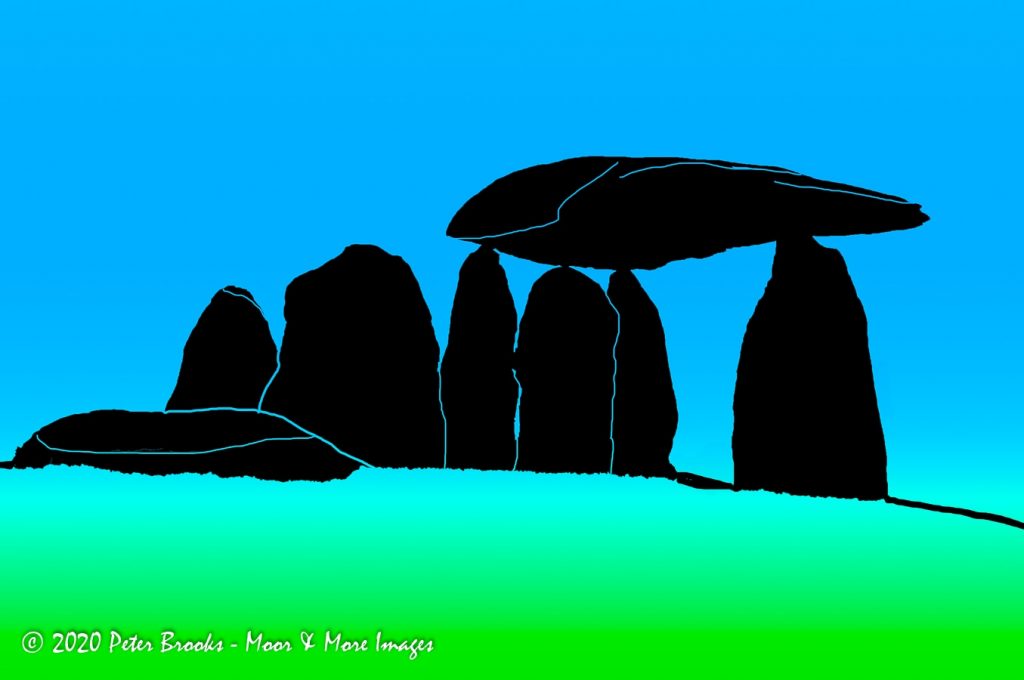 Image of Pentre Ifan burial tomb in Pembrokeshire in the style of a linocut