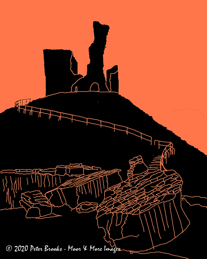 Image of Okehampton castle in the style of a linocut