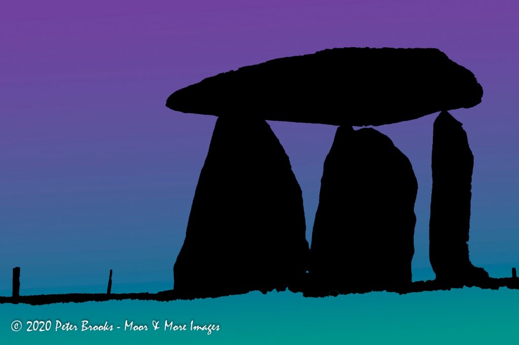 Image of Pentre Ifan burial tomb in Pembrokeshire in the style of a linocut